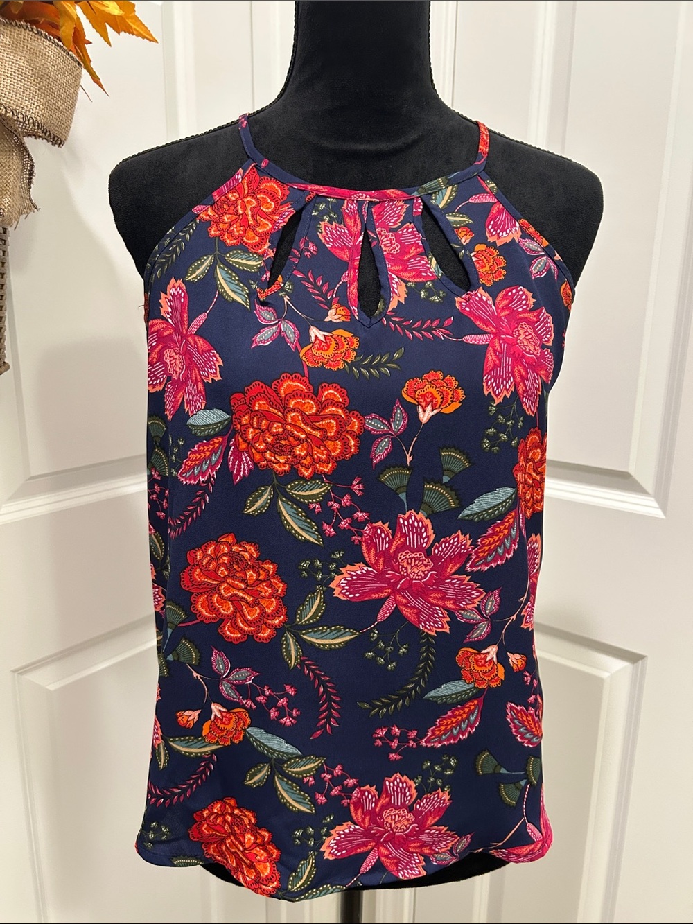 Papermoon Navy Halter Top with Pink and Red Floral Print
